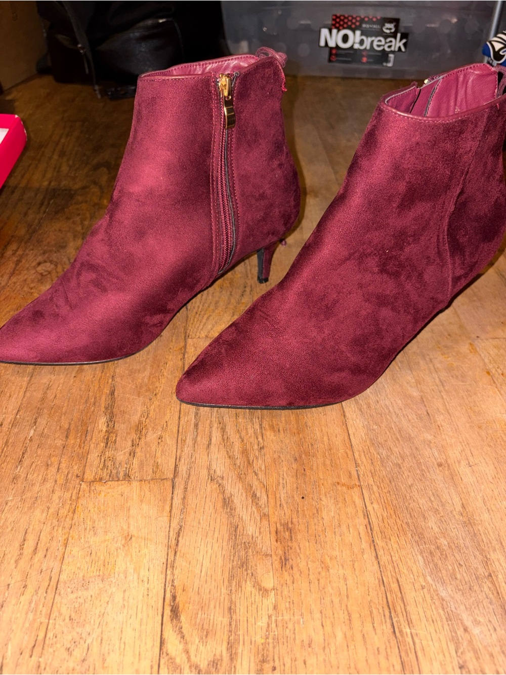 Pointed-Toe Burgundy Suede Booties